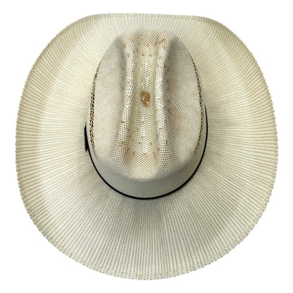 A light beige woven straw cowboy hat with a black band around the crown, shown from a top-down view on a white background.