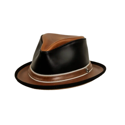 rocky black leather fedora angled view