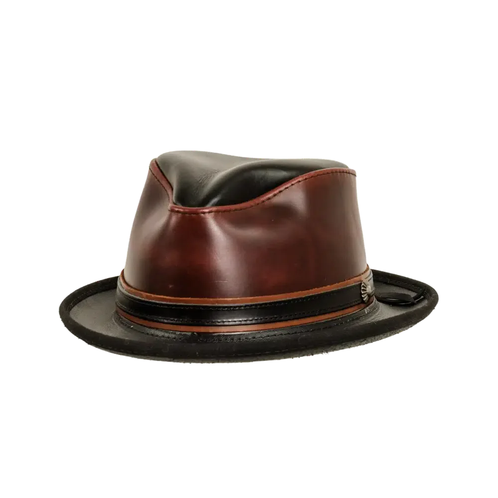 rocky wine leather fedora angled view