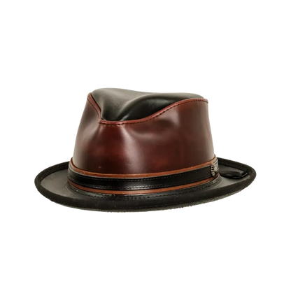 rocky wine leather fedora angled view