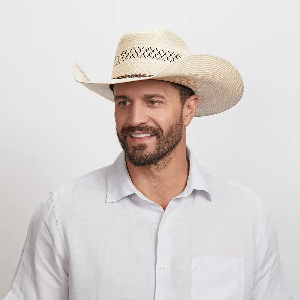 Smiling man with beard wearing a Roughstock Cowboy Hat and a white button-up shirt.