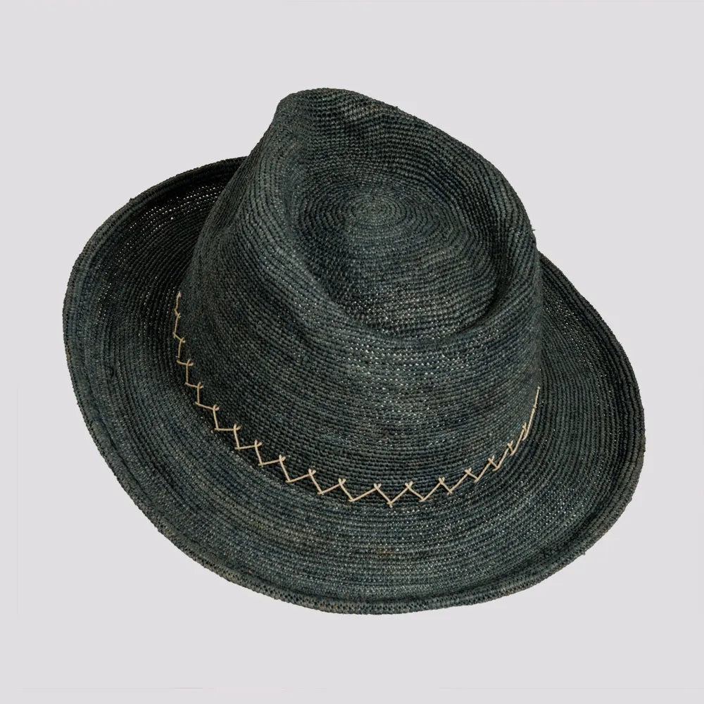 Sicily | Womens Ocean Crocheted Raffia Straw Fedora Hat with Stitching