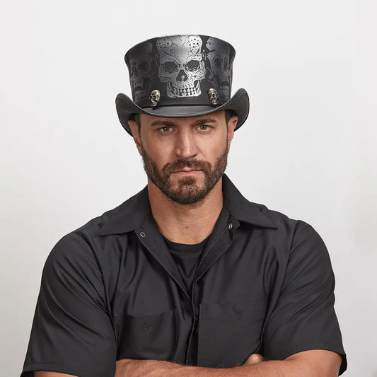 Man with a serious expression wearing a  Silver Skull Leather Hat