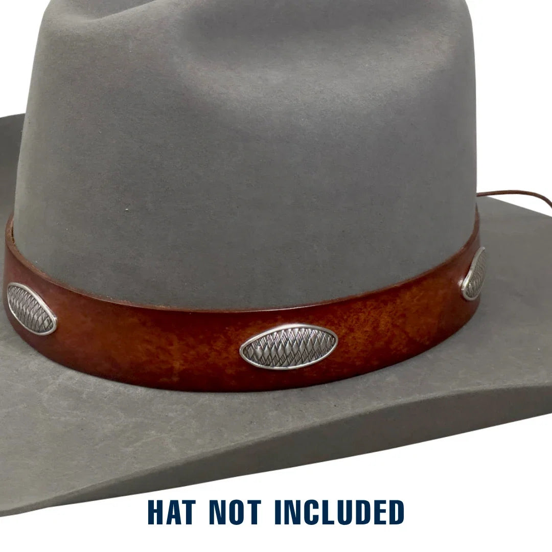 A close-up of a gray cowboy hat with a brown leather band featuring silver conchos, with the text 'HAT NOT INCLUDED' at the bottom.
