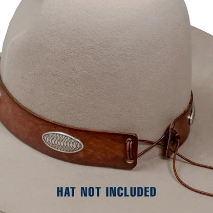 A close-up of a light beige felt hat with a brown leather chin strap and silver oval metal detail, on a white background with the text 'HAT NOT INCLUDED' at the bottom.