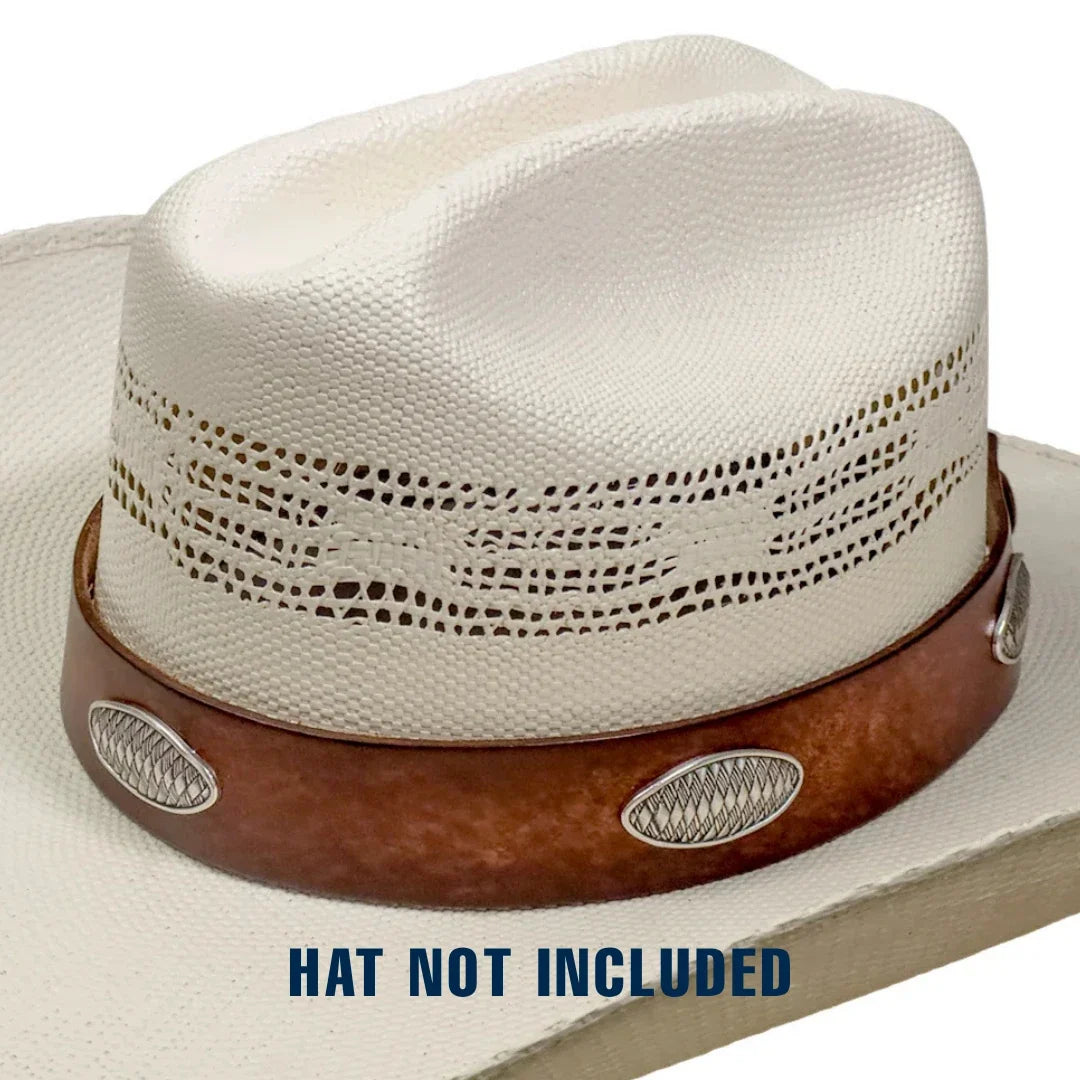 A white woven cowboy hat with a brown leather band and silver conchos, shown on a white background with a blue text overlay reading 'HAT NOT INCLUDED'.