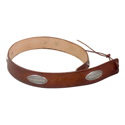 A brown leather belt with two silver oval metal studs and a tan interior lining, shown on a plain white background.