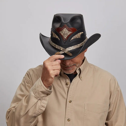 A man in a Beige shirt tipping his Black Storm Cowboy Hat.