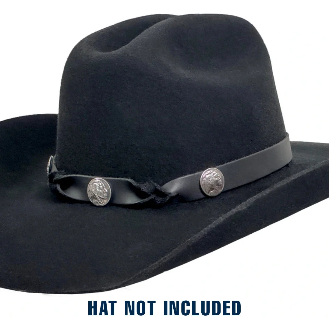 A black cowboy-style hat shown on a white background with the text 'HAT NOT INCLUDED' at the bottom. The hat features a black band with two silver conchos.