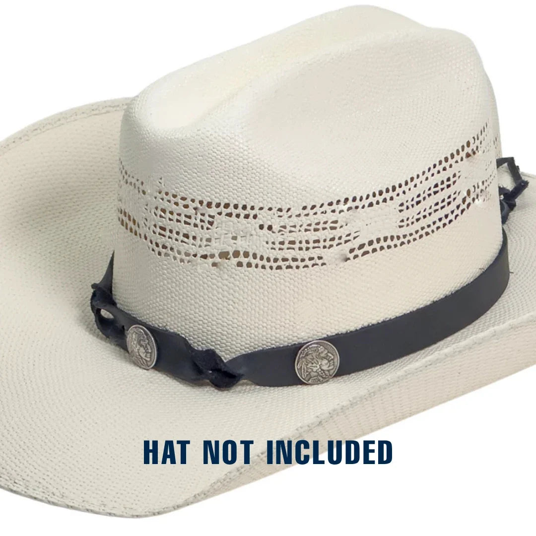 A white woven cowboy-style hat with a dark navy band and silver conchos, shown on a white background with the text 'HAT NOT INCLUDED' at the bottom.