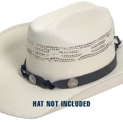 A white woven cowboy-style hat with a dark navy band and silver conchos, shown on a white background with the text 'HAT NOT INCLUDED' at the bottom.