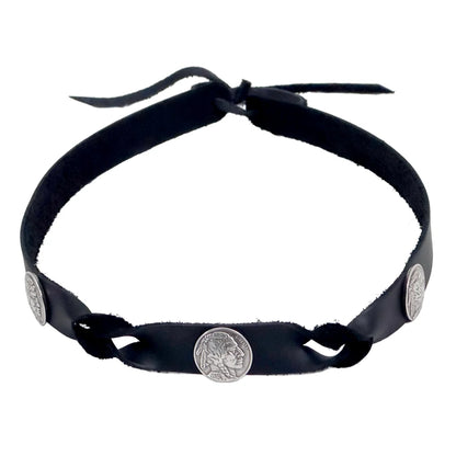 A black faux-leather headband with three silver coin-style metal studs featuring Native American head profiles, shown against a plain white background.