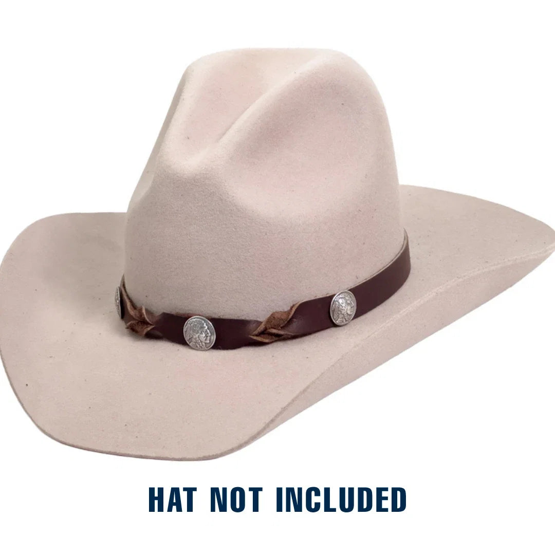 A pale blush-beige felt cowboy hat with a dark brown leather band and silver-toned conchos, shown on a white background with the text 'HAT NOT INCLUDED' underneath.