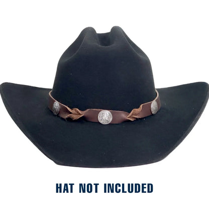 A black cowboy hat with a brown band and silver conchos, shown on a white background with the text 'HAT NOT INCLUDED' underneath.