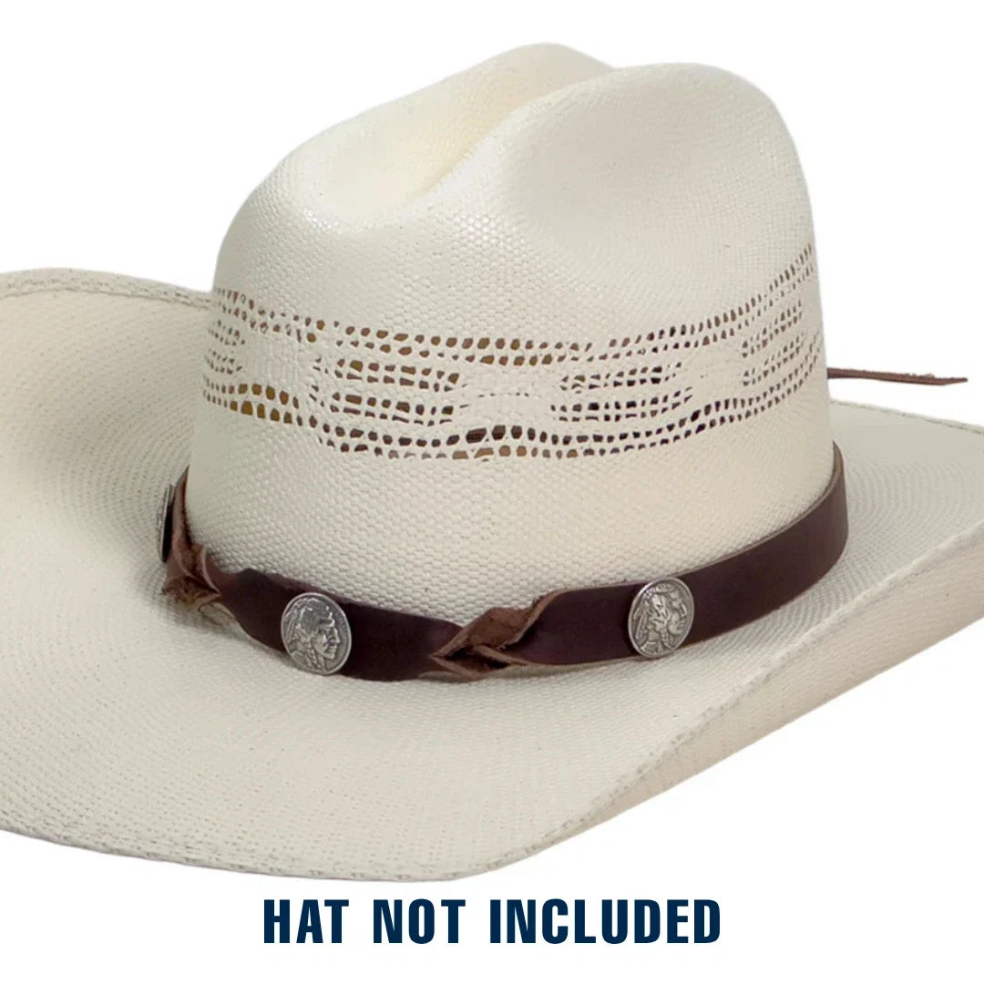 An off-white woven cowboy hat with a brown braided band and silver conchos, shown on a white background with the text 'HAT NOT INCLUDED' at the bottom.