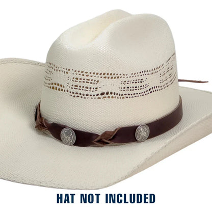 An off-white woven cowboy hat with a brown braided band and silver conchos, shown on a white background with the text 'HAT NOT INCLUDED' at the bottom.