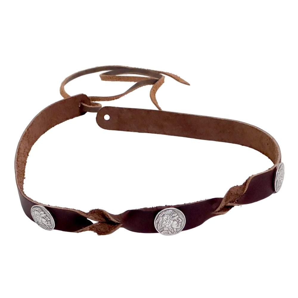 A brown leather wrap-around strap with twisted braided sections and three round silver-toned coin-style embellishments, shown on a plain white background.