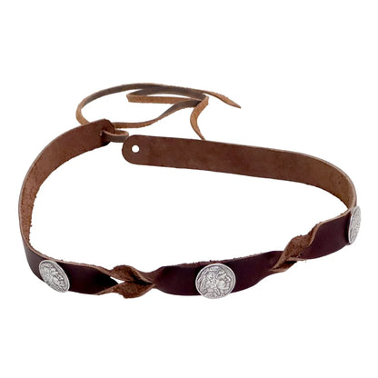 A brown leather wrap-around strap with twisted braided sections and three round silver-toned coin-style embellishments, shown on a plain white background.