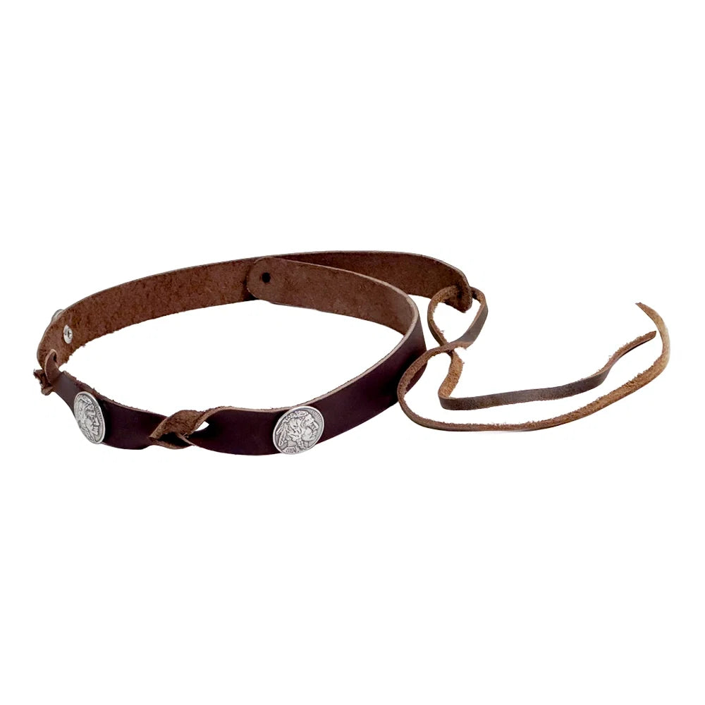 A brown leather belt with silver-toned concho hardware and tie laces, displayed on a clean white background.