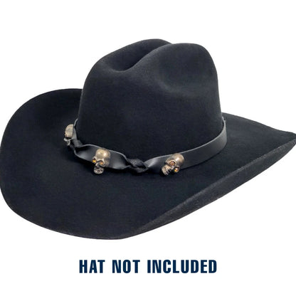 A black cowboy hat shown on a plain white background with the text 'HAT NOT INCLUDED' underneath. The hat has a dark band with metallic skull-like ornaments.