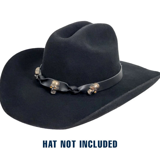 A black cowboy hat shown on a plain white background with the text 'HAT NOT INCLUDED' underneath. The hat has a dark band with metallic skull-like ornaments.