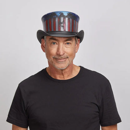 A man wearing a black shirt and the USA Black Leather Top Hat