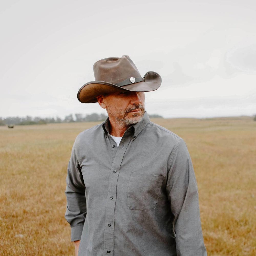 Western Chocolate Leather Cowboy Hat with 3" Brim and 4" Crown  by American Hat Makers - Hover