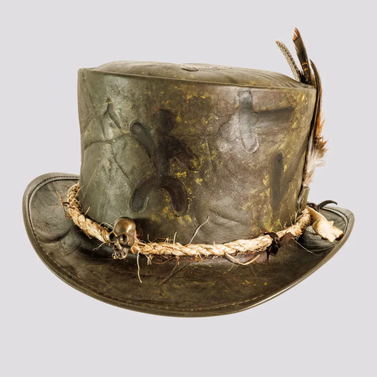 Wiccan | Mens Distressed Leather Top Hat with Skull Bone Hat Band