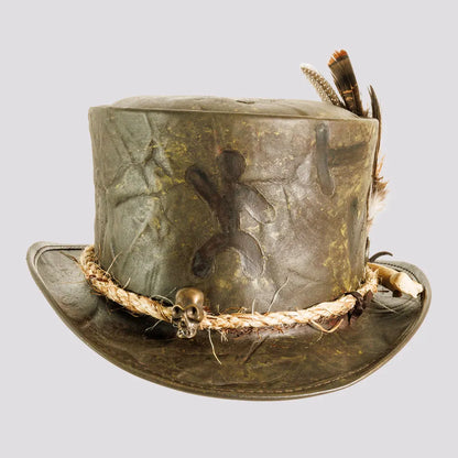 Wiccan | Mens Distressed Leather Top Hat with Skull Bone Hat Band