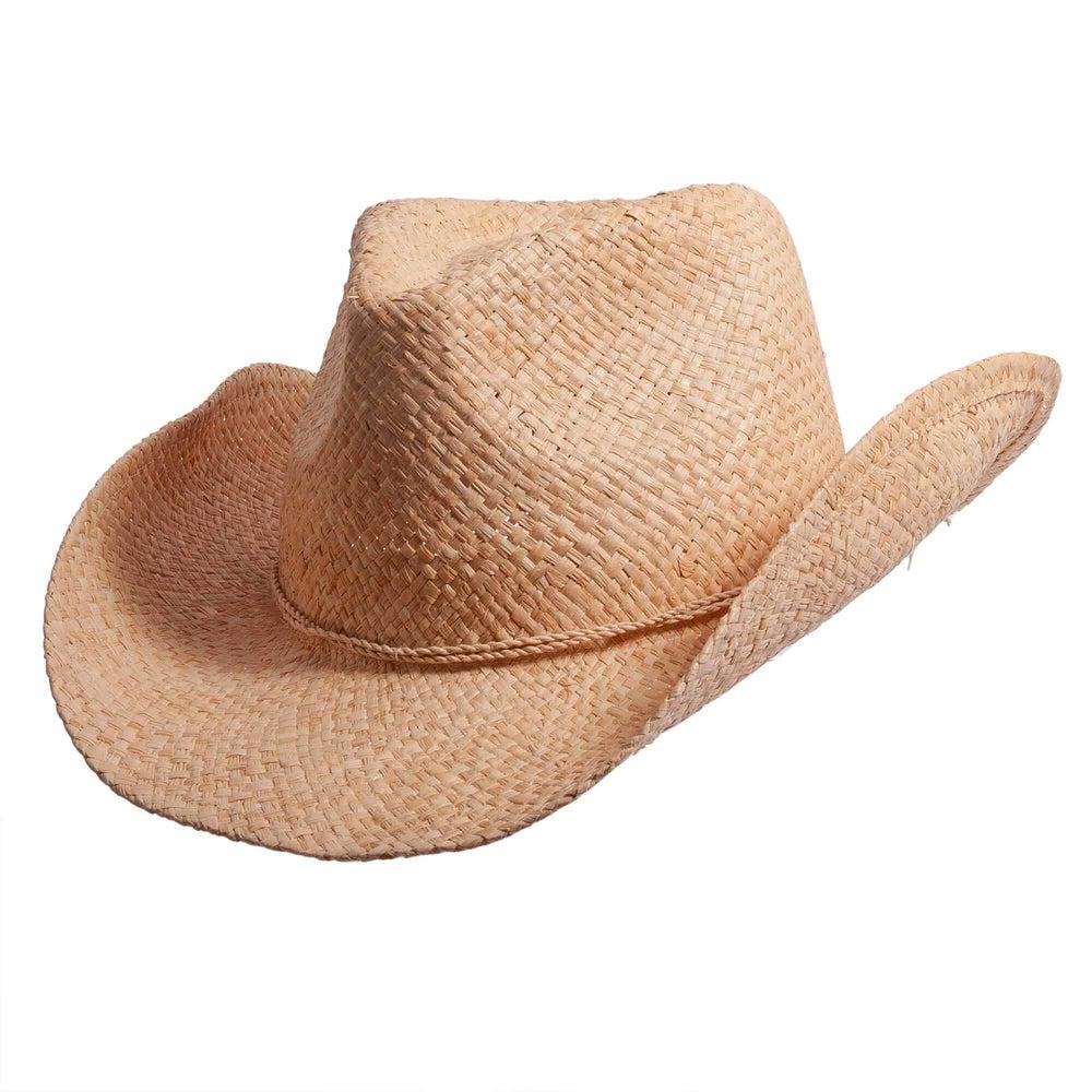 A left side view of Belle brown straw western hat 