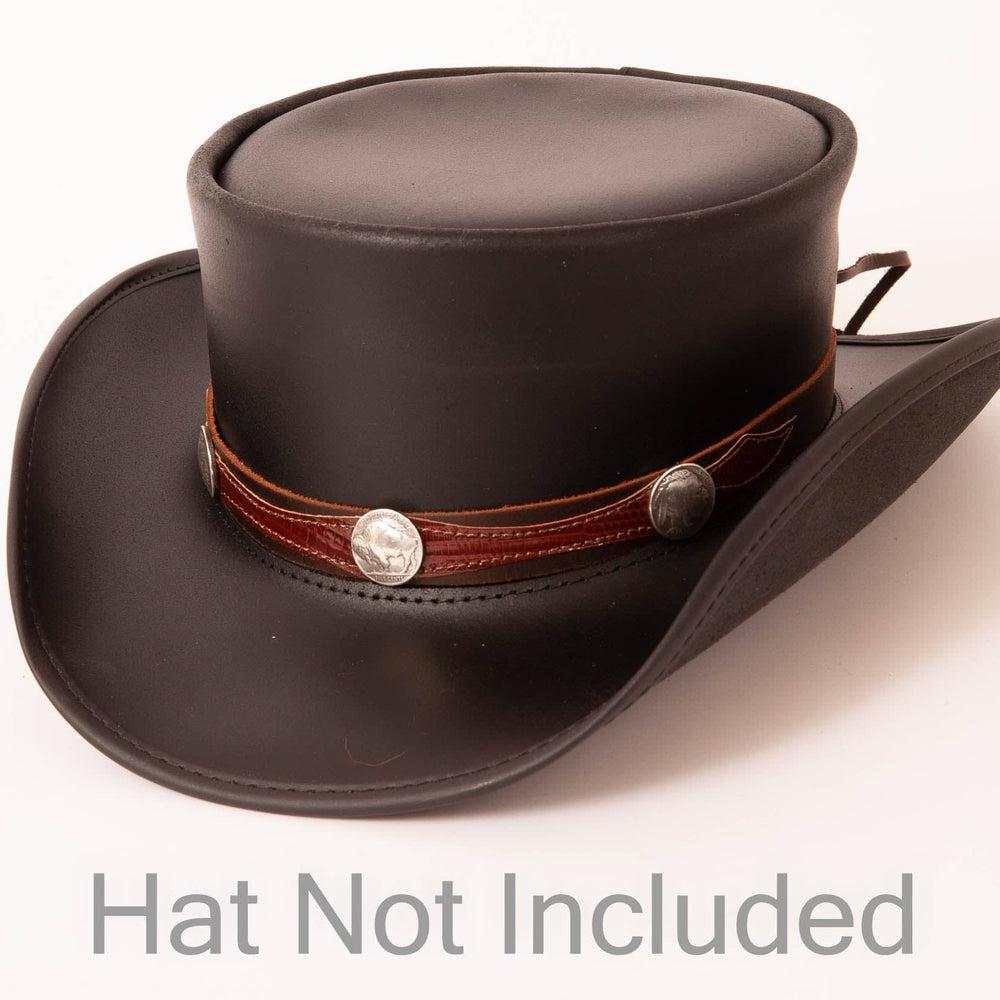 Blazer Buffalo Nickel Leather Brown Hat Band on a black top hat