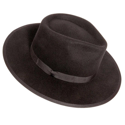 An angle view of Bondi black felt fedora hat