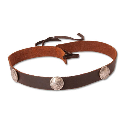 A front view of a Buffalo Brown Leather Band with Replica Buffalo Nickels