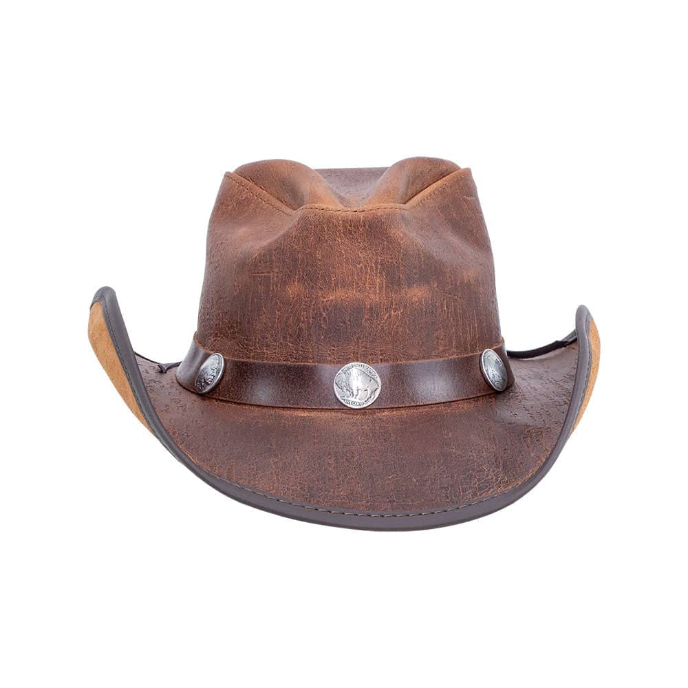 A front view of a Cobblestone Leather Cowboy Hat with 3" Brim and 4" Crown 