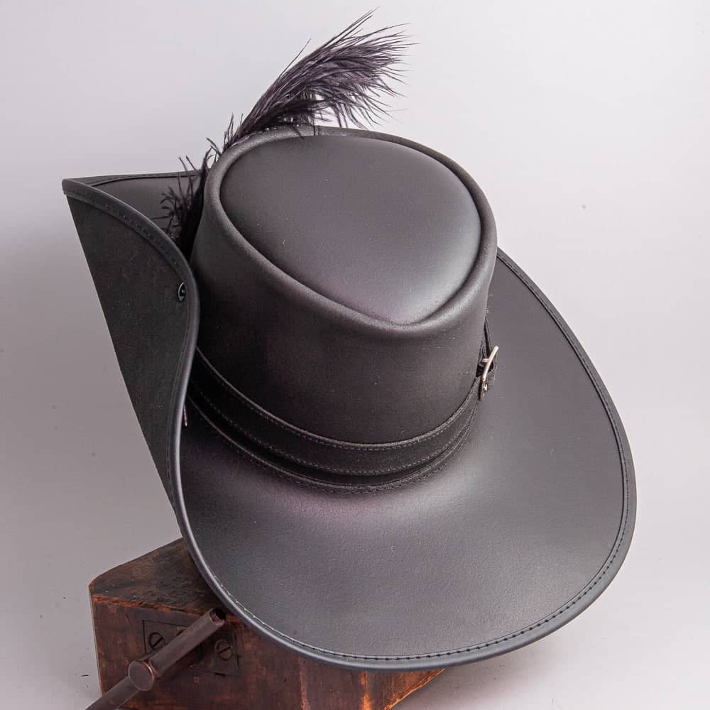 Cavalier Black Leather Hat with a Musket band by American Hat Makers