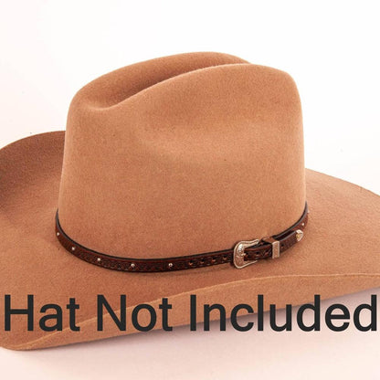 the colt tooled leather Cowboy hat band with silver buckle on a felt hat