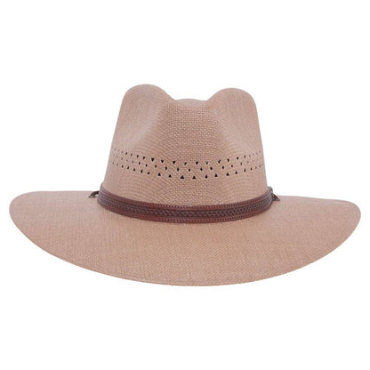 A front view of Barcelona Wide Brim Tan Straw Sun Hat