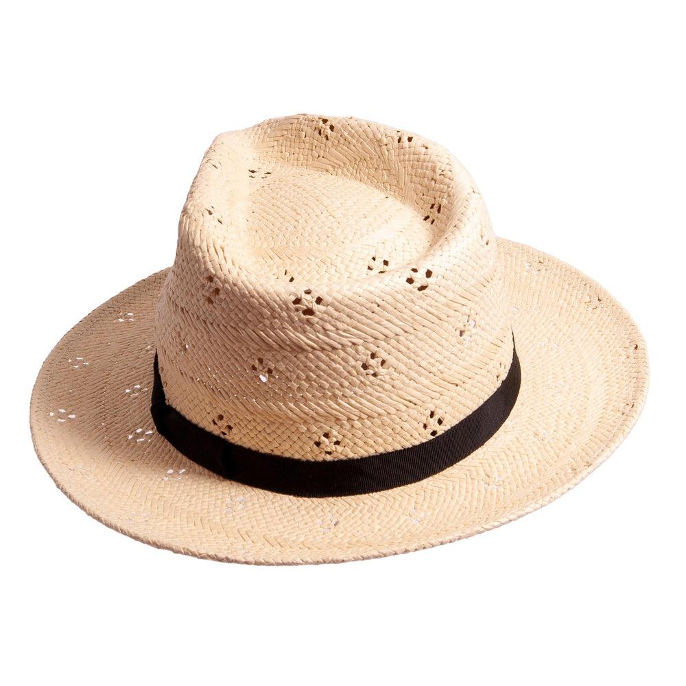 A rear view of a cream Dimitri  fedora straw hat