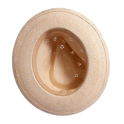 A bottom view of a cream Dimitri fedora straw hat