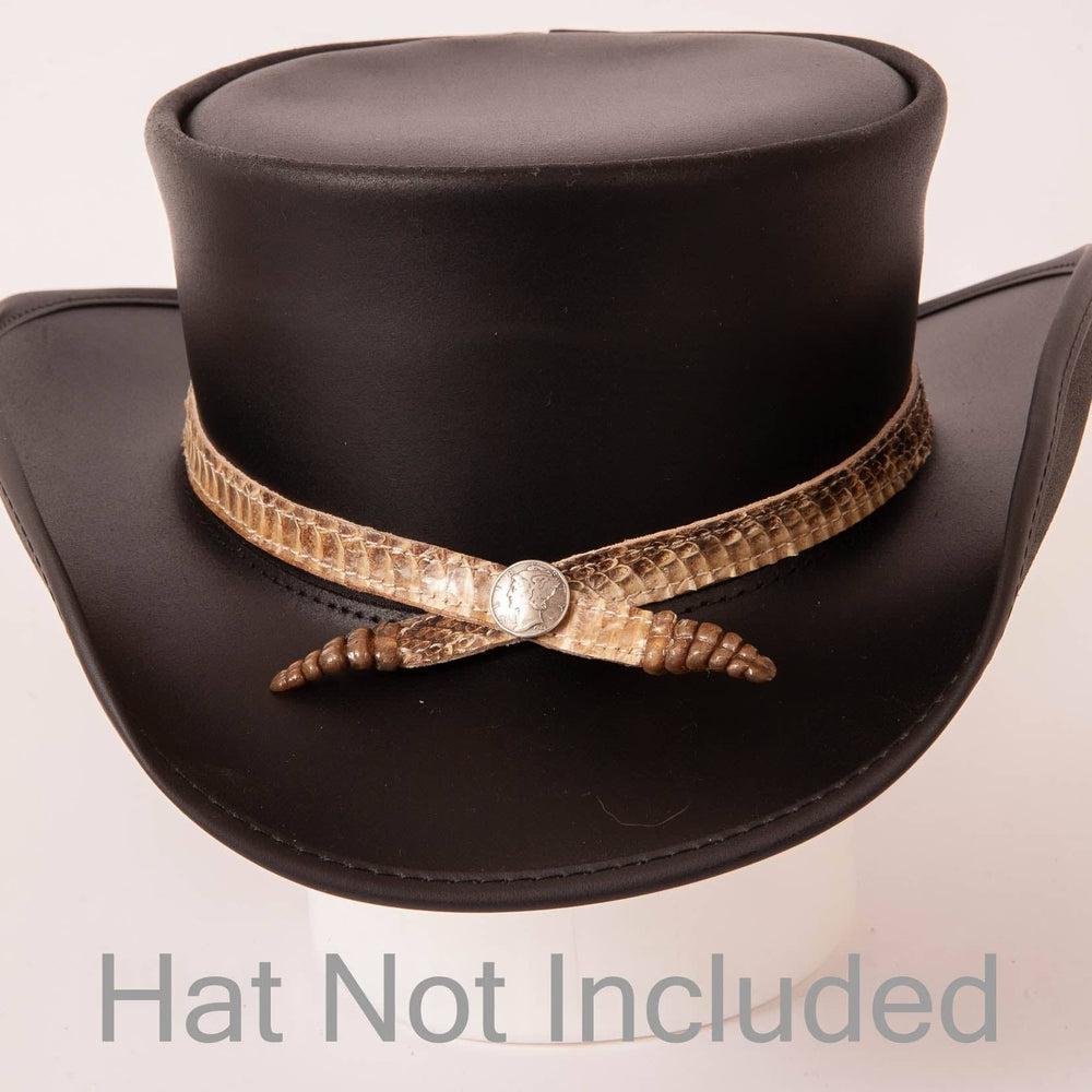 A front view of a Double Rattle Hat Band on a black top hat