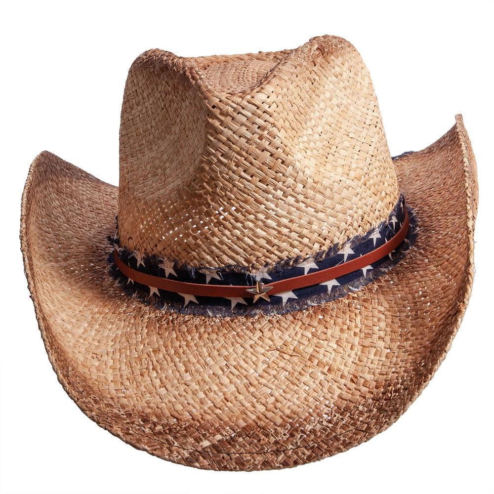 A front view of a Dusty brown straw cowboy hat 