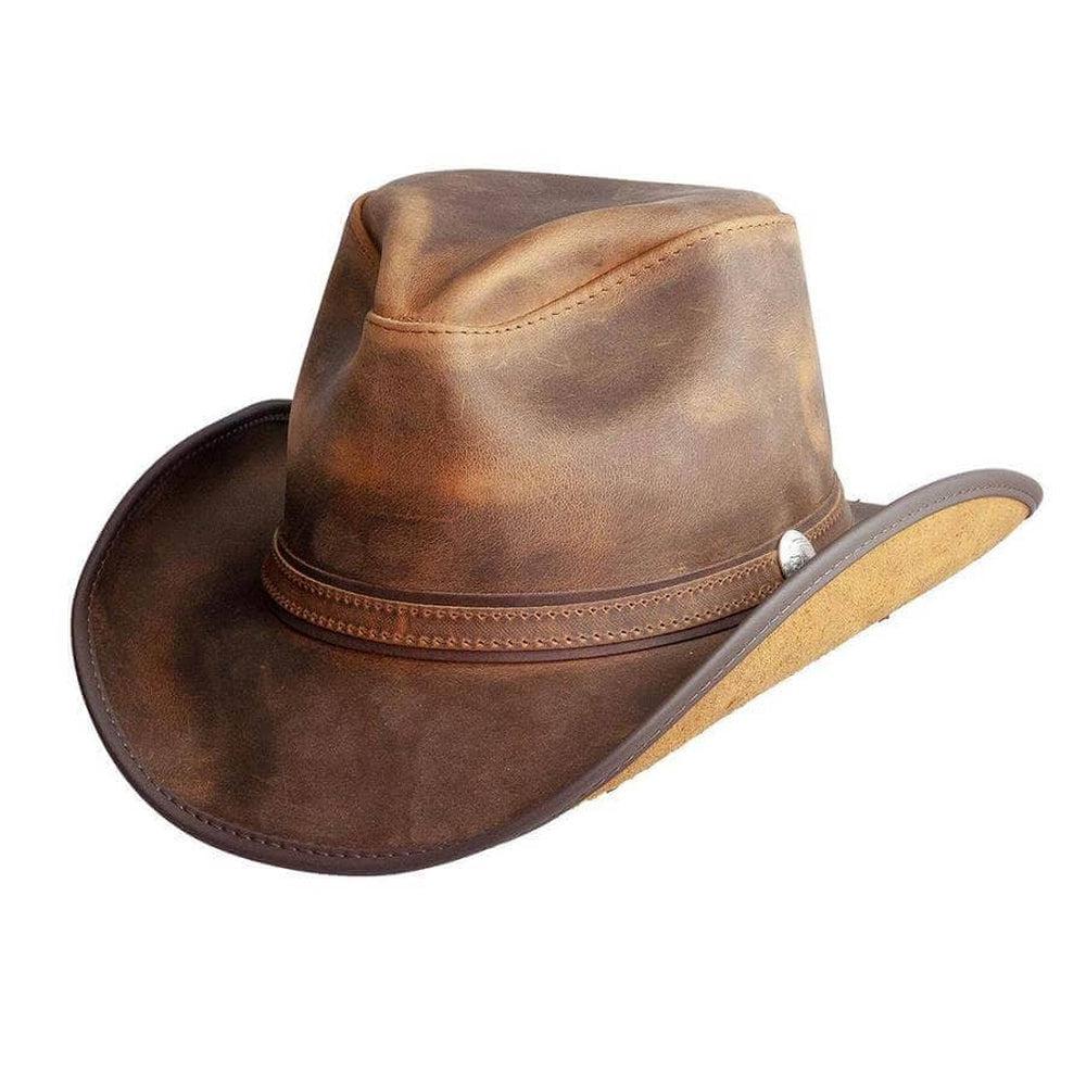 An angle view of a Leather Cowboy Hat 