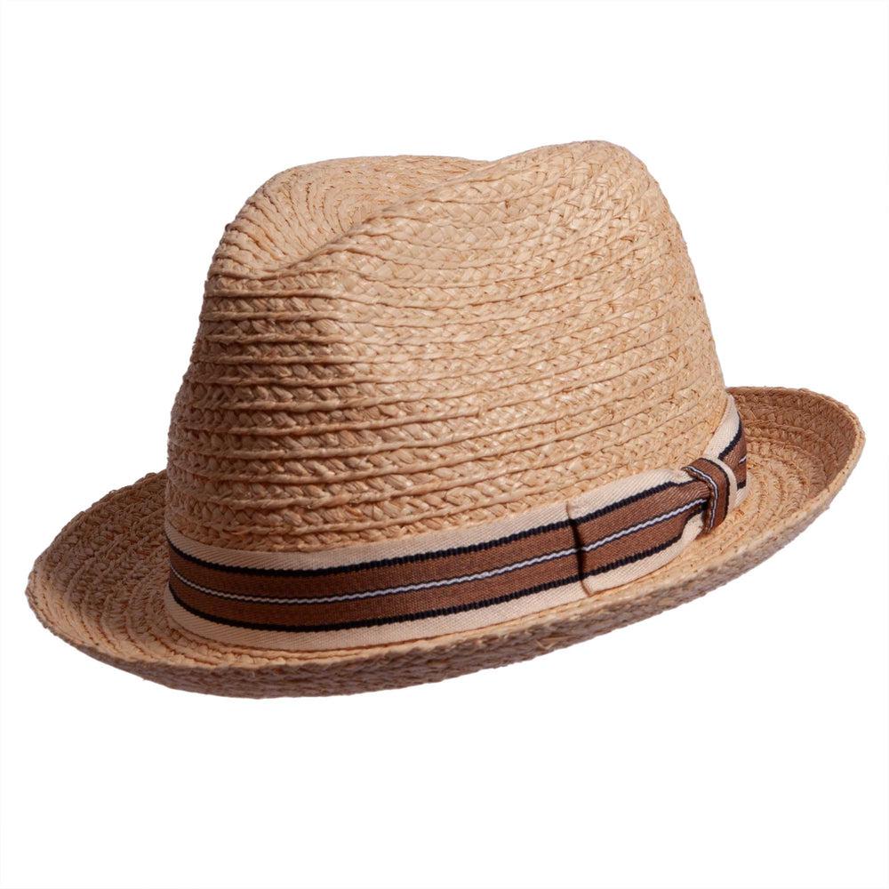 An angle left side view of a brown Straw Fedora hat