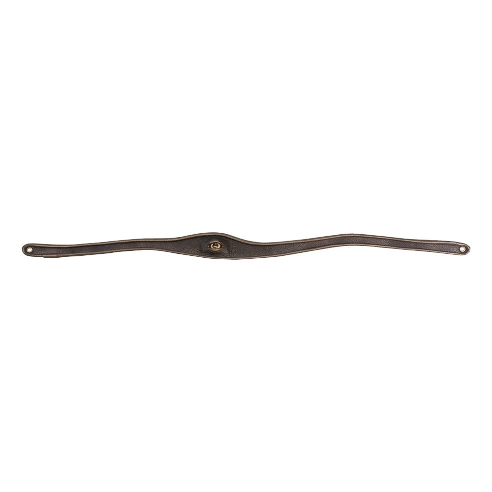 A dark brown leather strap or band with a small gold logo in the center, displayed horizontally on a plain white background.