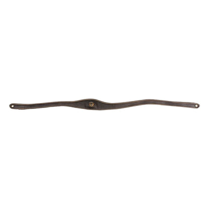 A dark brown leather strap or band with a small gold logo in the center, displayed horizontally on a plain white background.
