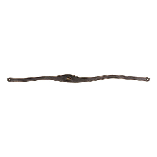 A dark brown leather strap or band with a small gold logo in the center, displayed horizontally on a plain white background.