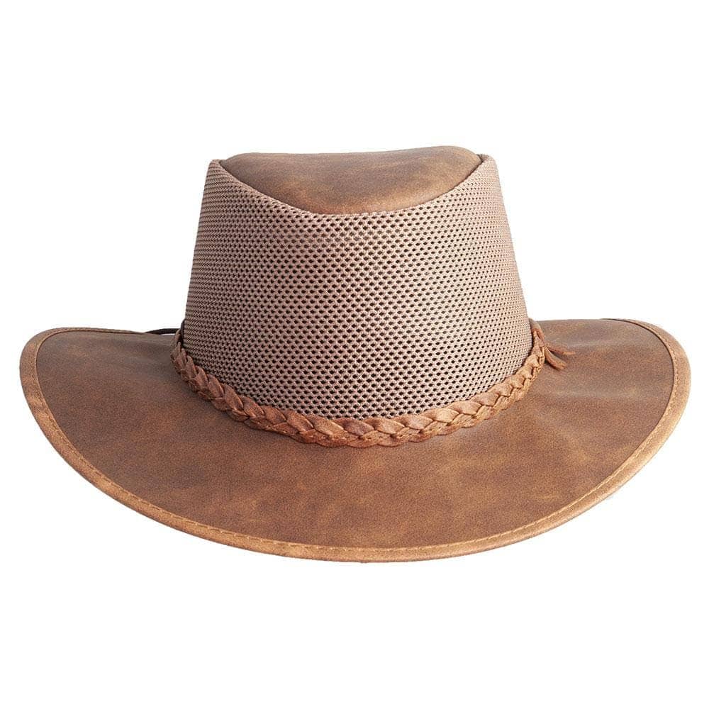 A front view of a Breeze Copper Leather Mesh Sun Hat