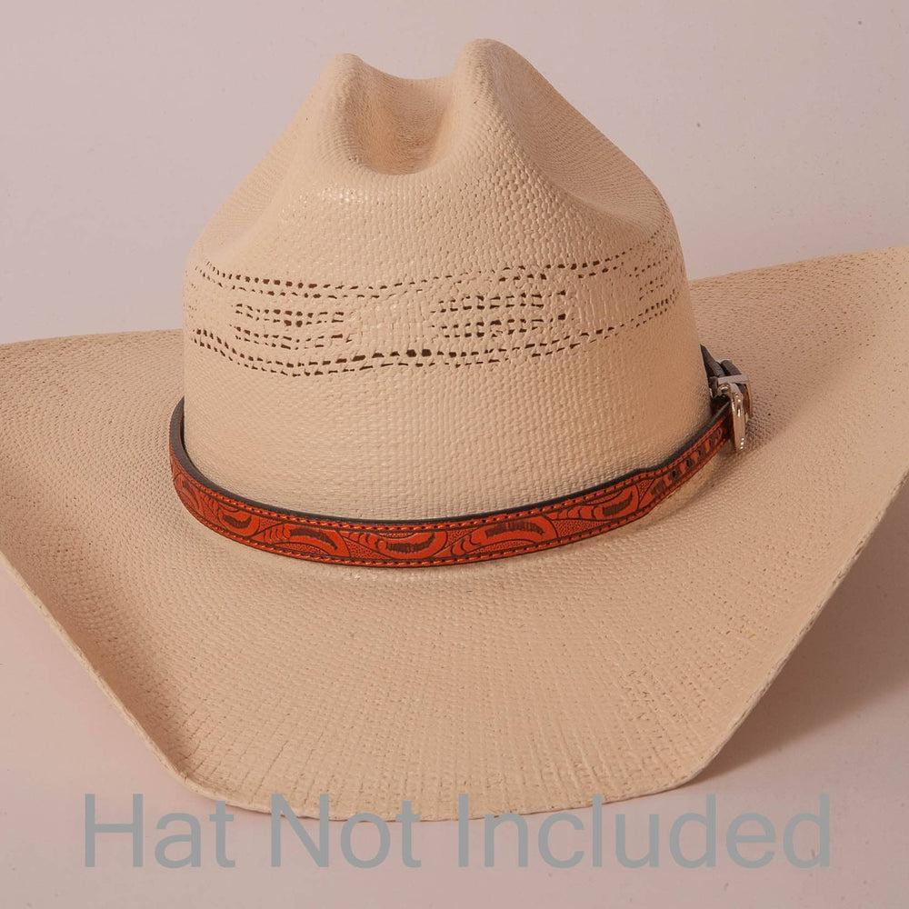 Firebird Brown Leather Cowboy Hat Band on a cream hat