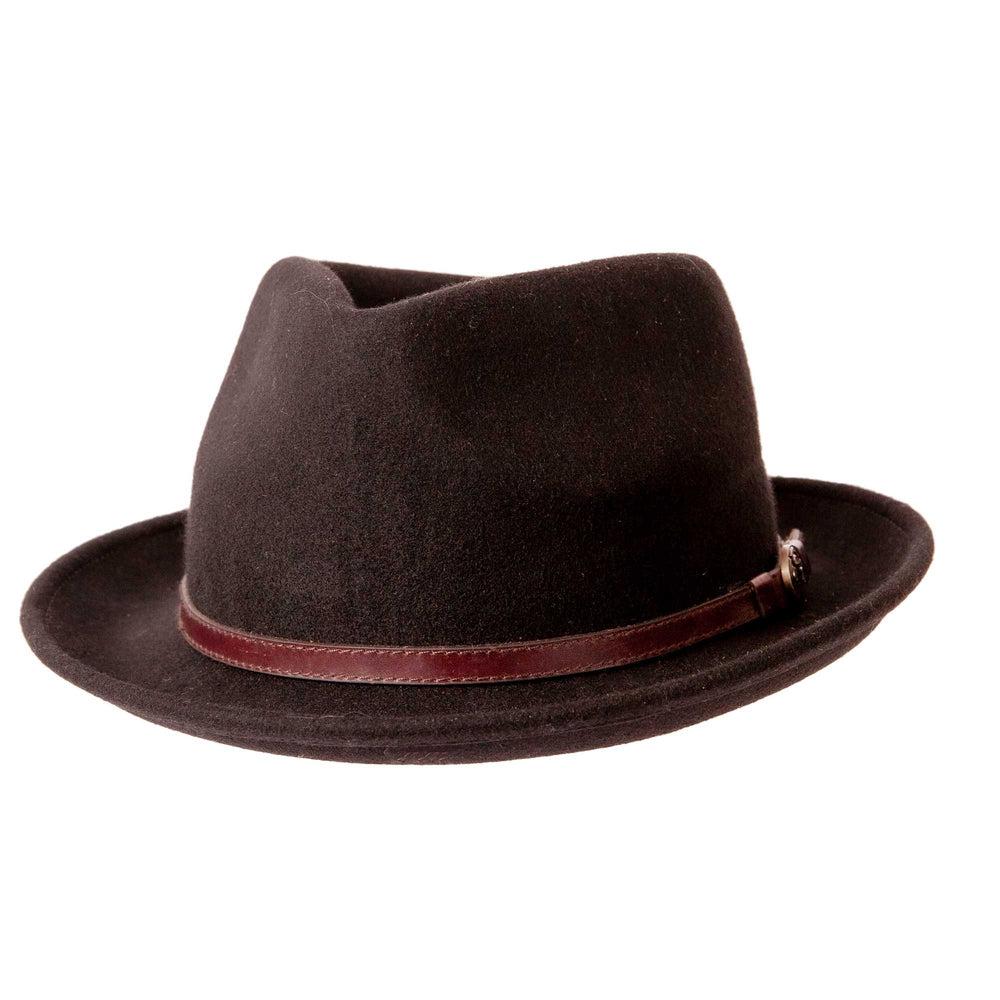 A right view of a black fedora hat