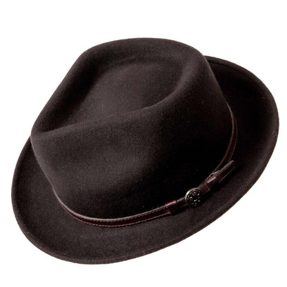 An angled view of the black fedora hat